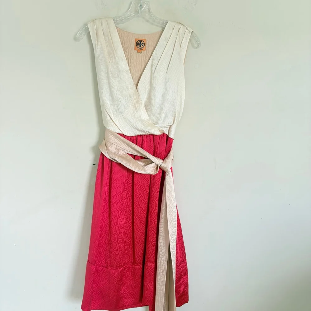 Tory Burch Darya Cream and‎ Red Silk Colorblock Wrap Dress 52111401 Size 0